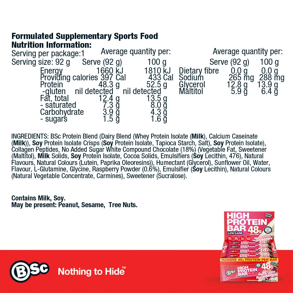 BSc High Protein Bar 12-pak 92g White Choc Raspberry 48g