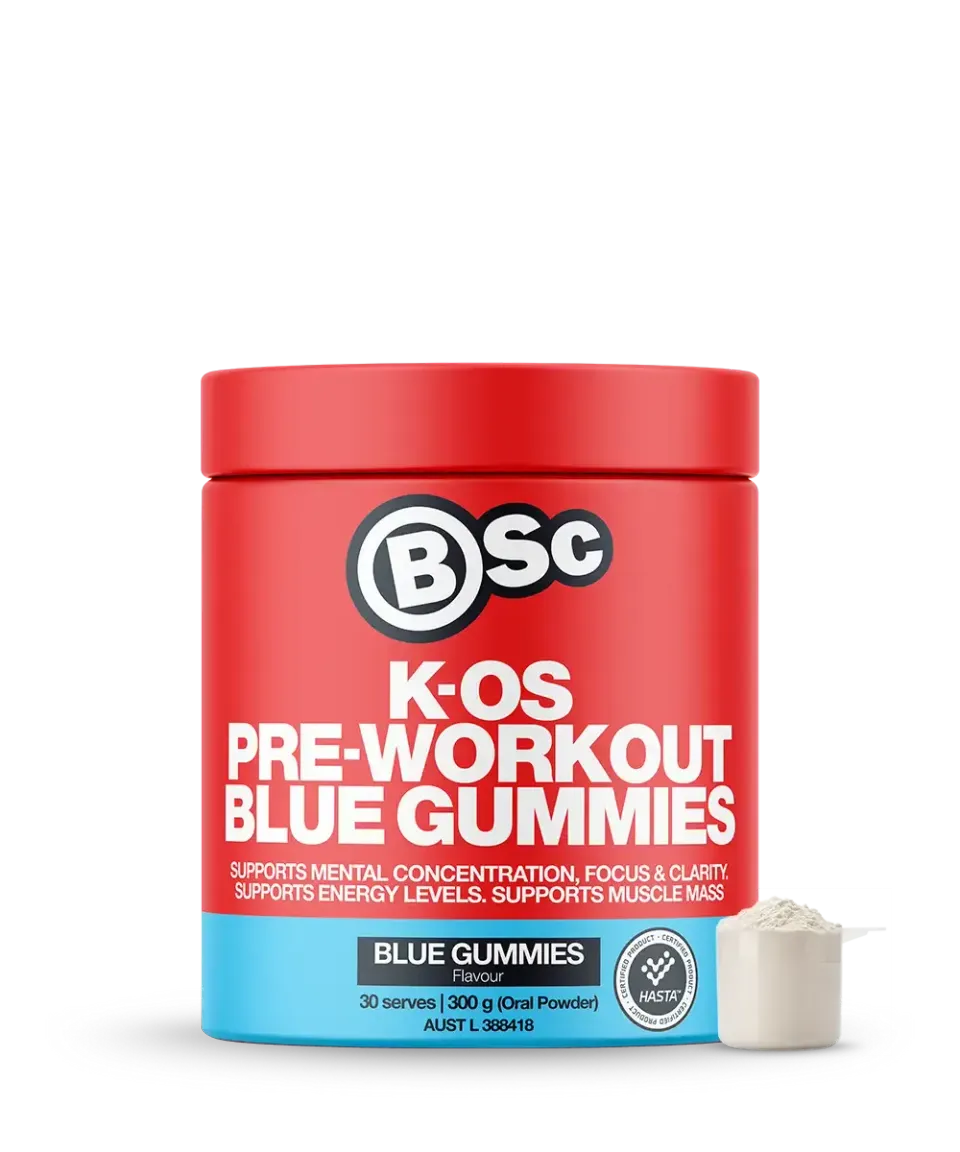 BSc K-OS Pre-Workout pulver 300g blue gummies koffein