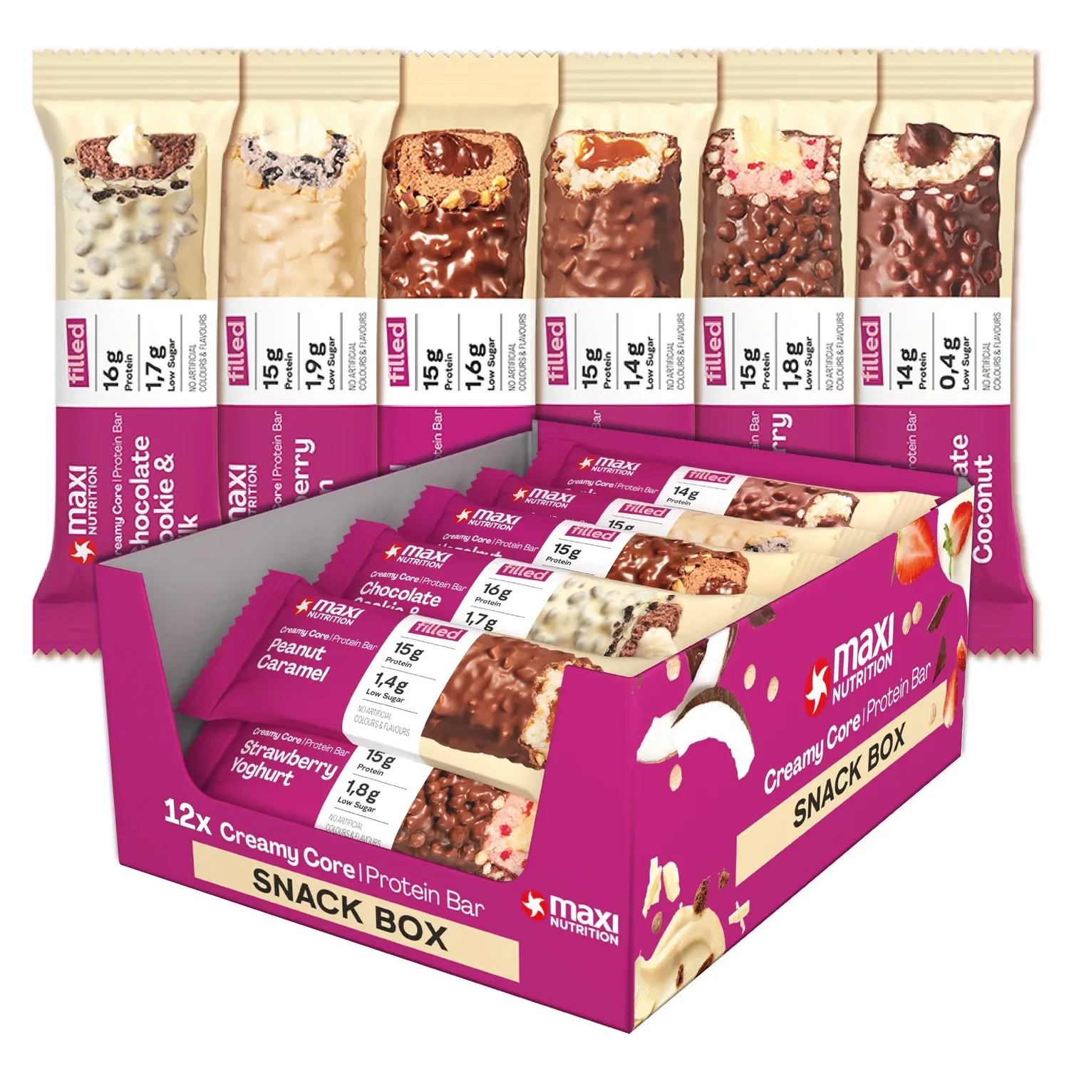 MaxiNutrition Creamy Core proteinbar mix variety box 12 stk