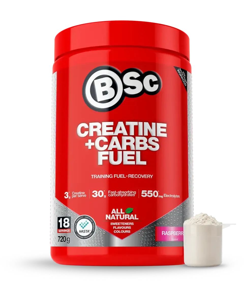 BSc Creatine Carbs Fuel pulver 720g hindbær kreatin