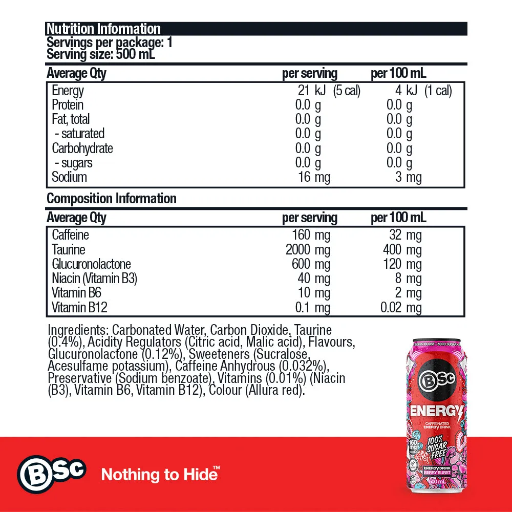 BSc Energy Can energidrik 12-pak 500ml sukkerfri