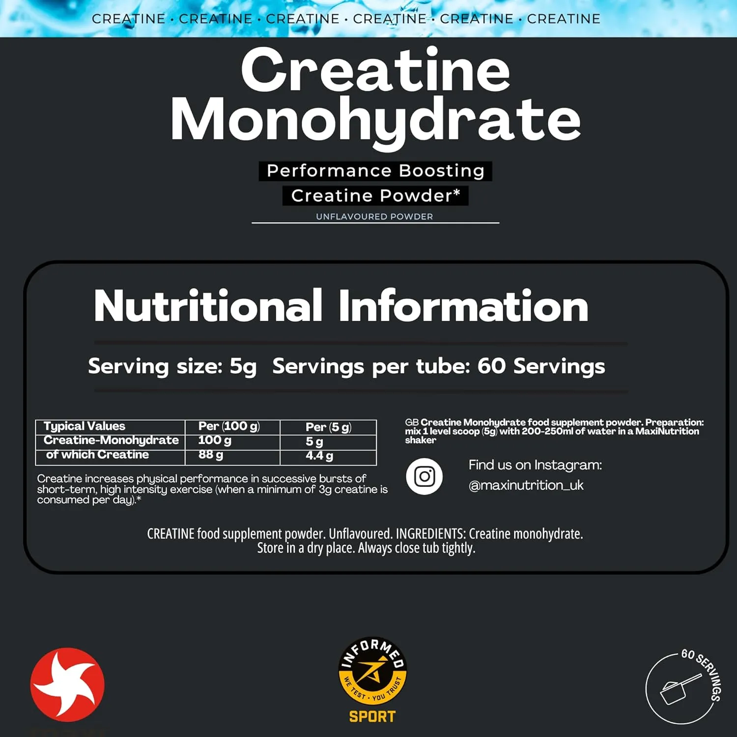 MaxiNutrition Creatine Monohydrate kreatinpulver 300g neutral