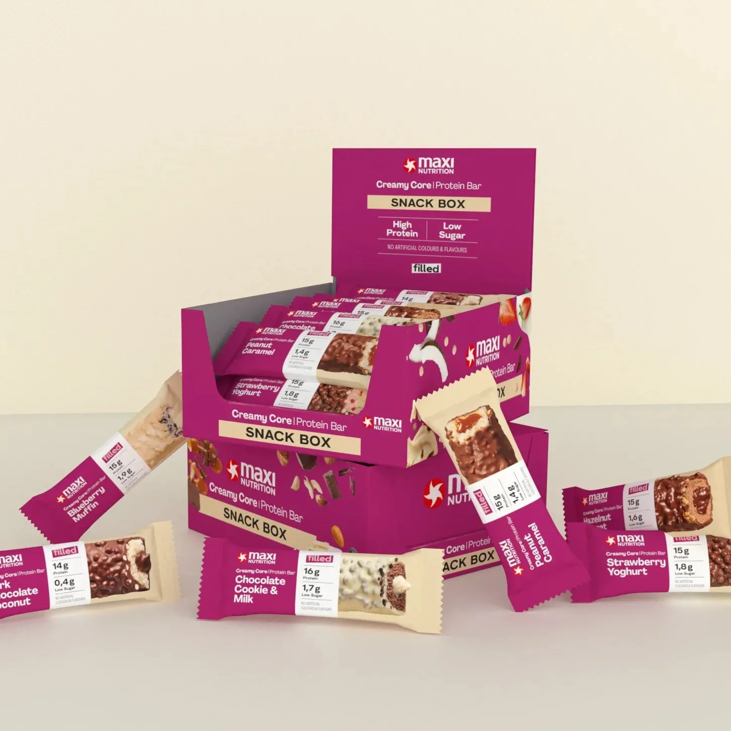 MaxiNutrition Creamy Core proteinbar mix variety box 12 stk