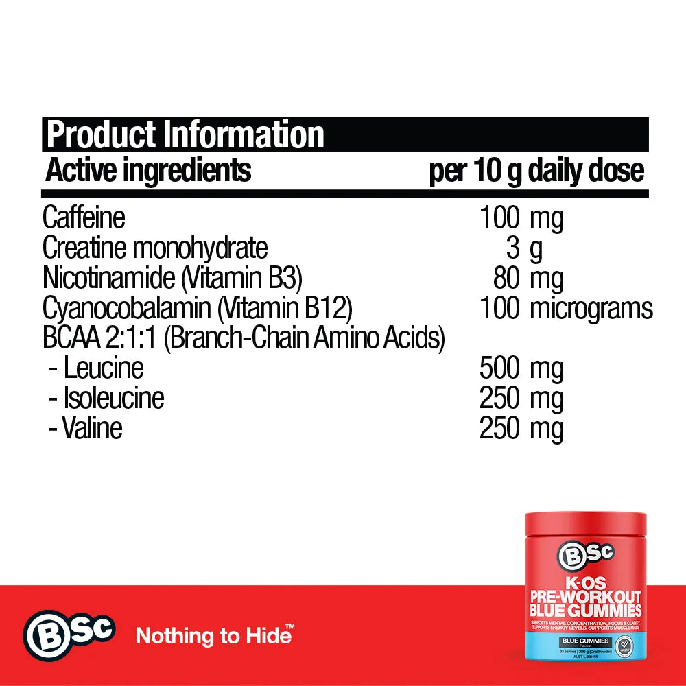 BSc K-OS Pre-Workout pulver 300g blue gummies koffein